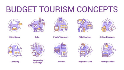 Budget tourism concept icons set. Affordable travel idea thin line RGB color illustrations. Money saving tips for tourists. Cheap transport and rest. Vector isolated outline drawings. Editable stroke