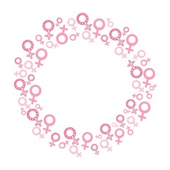A circle with female symbol. Frame of venus symbols. Venus signs isolated on white background in doodle style. Vector