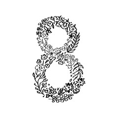 Symbol of Women's Day Eight in hand drawn doodle style isolated on white background. Single outline vector illustration.