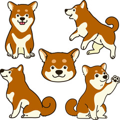 Set of outlined cute brown Shiba Inu illustrations 