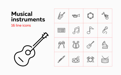 Musical instruments icons. Set of line icons on white background. Music band, concert, orchestra. Music concept. Vector can be used for topics like leisure, performance, art