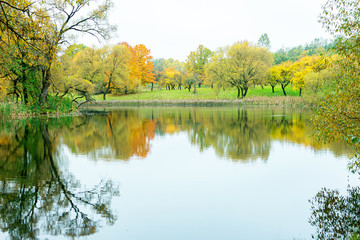 Naklejka na ściany i meble Autumn water landscape in the park in Russia