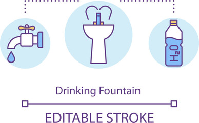 Drinking fountain concept icon. Money saving travel, budget tourism idea thin line illustration. Refilling own water bottle. Vector isolated outline RGB color drawing. Editable stroke