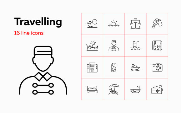 Travelling icons. Set of line icons on white background. Cruise, vacation, sea ship, hotel. Vector illustration can be used for topics like travelling, vacation