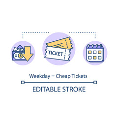 Weekday equals cheap tickets concept icon. Budget tourism, cost effective booking idea thin line illustration. Ordering tour beforehand. Vector isolated outline RGB color drawing. Editable stroke