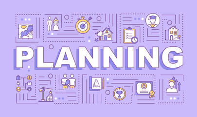 Life planning word concepts banner. Goals setting. Project development. Infographics with linear icons on light purple background. Isolated typography. Vector outline RGB color illustration