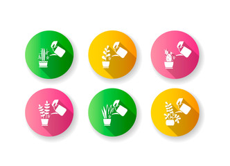 Houseplant care flat design long shadow glyph icons set. Indoor gardening process. Watering domestic plants. Moisturizing, rehydrating soil. Moistening ground. Silhouette RGB color illustration