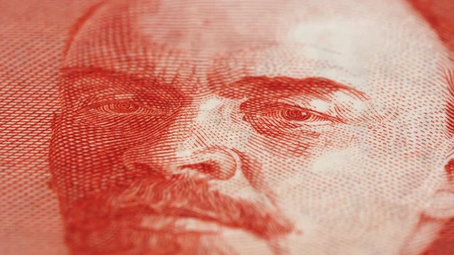 Vladimir Lenin on old Russia rouble rotating. Macro shot. Low angle. 4K, 422 10 bit