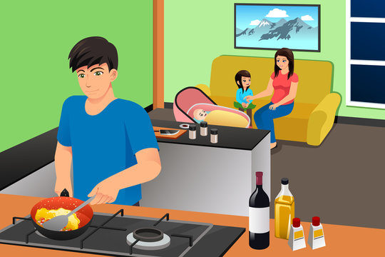 Father Cooking While Mother and Kids in the Living Room Illustration