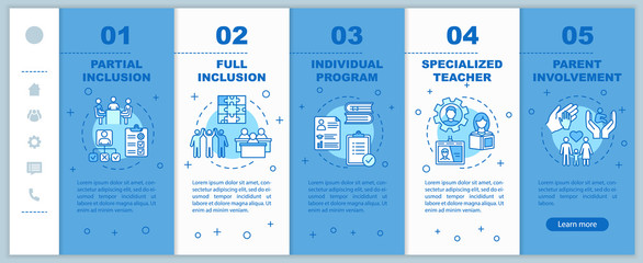 Inclusive education onboarding vector template. Parental involvement. Partial and full inclusion. Responsive mobile website with icons. Webpage walkthrough step screens. RGB color concept