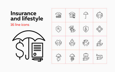 Insurance and lifestyle icon set. Set of line icons on white background. House, protection. Safety and insurance concept. Vector illustration can be used for topics like insurance, economy