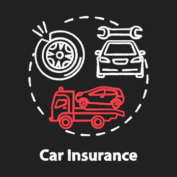 Car Insurance Chalk RGB Color Concept Icon. Auto Wreck. Collision Damage. Accident Coverage. Personal Property Fix Idea. Vector Isolated Chalkboard Illustration On Black Background