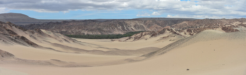 Fototapeta na wymiar Panoramic views over a river valley in the deserts of Ica, Peru