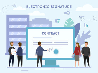 Electronic Signature Concept. Tiny Business People Characters are Signing a Contract with an Electronic Signature. Flat Style. Vector illustration