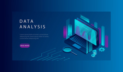 Isometric Data Analysis and Corporate Strategy Concept. Landing Page Template Of Process Of Data Analysis. Vector Illustration