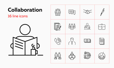 Collaboration line icon set. Partners, meeting, handshake, contract. Business concept. Can be used for topics like partnership, deal, agreement