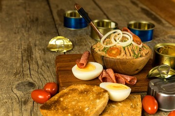 Sardine spread with toast. Healthy food from fish. Canned fish. Homemade healthy food.