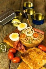 Sardine spread with toast. Healthy food from fish. Canned fish. Homemade healthy food.