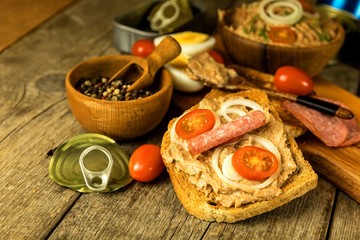 Sardine spread with toast. Healthy food from fish. Canned fish. Homemade healthy food.