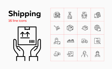 Shipping line icon set. Courier, operator, loader. Transportation concept. Can be used for topics like logistics, online store, postal service