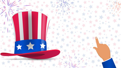 Banner with hat and pointing hand with on white background and stars and empty space