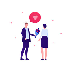 Love relatioship concept. Vector flat person modern illustration. Couple of male and female talking with flower bouquet and talk bubble with heart shape. Design element for valentine holiday banner.