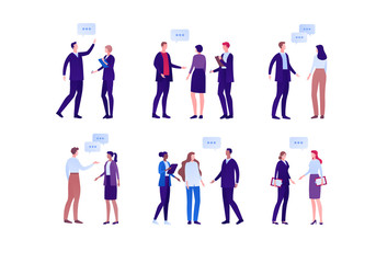 Business meeting concept. Vector flat person illustration set. Group of people discussion with talk bubble symbol. Diverse ethnic. Design element for banner, infographic poster, web background