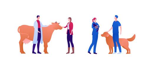 Medical profession people set. Vector flat person illustration. Group of male and female veterinarian with patient farmer, cow, dog and cat. Design element for banner, poster, background.