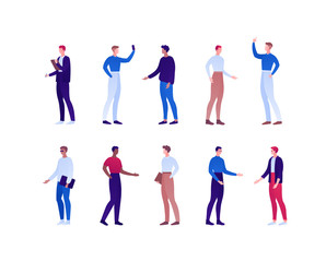 Fototapeta na wymiar Business and casual work fashion male concept. Vector flat person illustration set. Men of different ethnic standing isolated on white. Design element for banner, infographic poster, web background