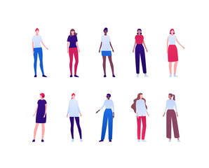 Fototapeta na wymiar Casual female fashion concept. Vector flat person illustration set. Women of different ethnic standing in full face isolated on white. Design element for banner, infographic poster, web background