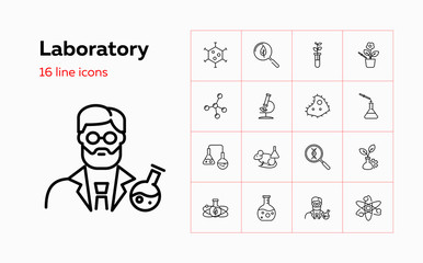 Laboratory icons. Set of line icons on white background. Scientist, organism, chemical reaction. Biotechnology concept. Vector can be used for topics like chemistry, science, microbiology
