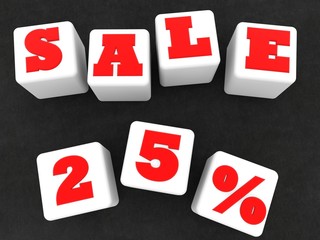 White toy cubes with 25% discount on asphalt background