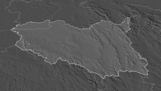 Pardubick&yacute;, region with its capital, zoomed and extruded on the bilevel map of Czech Republic in the conformal Stereographic projection. Animation 3D