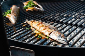 Baked mackerel full fish on grill outdoors