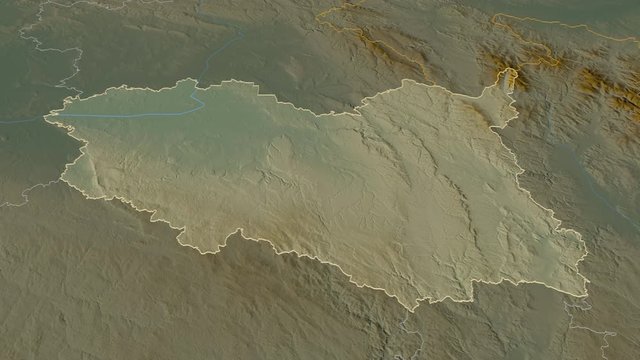 Pardubick&yacute;, region with its capital, zoomed and extruded on the relief map of Czech Republic in the conformal Stereographic projection. Animation 3D