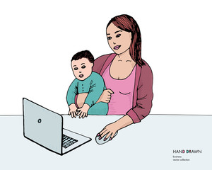 Hand drawn sketch of young mom working on laptop holding her baby boy. Mother with baby son studying. White background