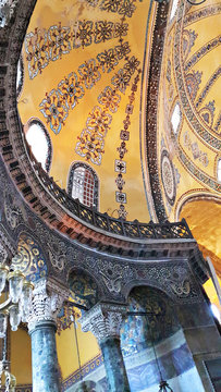 Istanbul, Turkey / Tourist photos of Hagia Sophia, old Orthodox church and old Mosque, tourist attraction on Sultanahmet downtown, museum,  details from inside