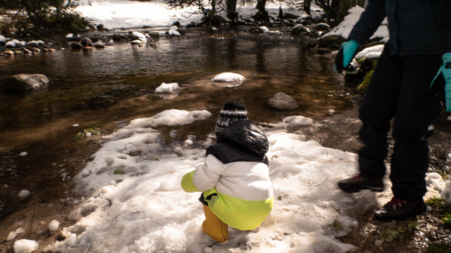 Beautiful snowy landscape of Guadarrama mountains in a small medieval town of Rascafria near the Spanish capital Madrid in winter. Famous touristic attraction for winter sports, leisure in Spain