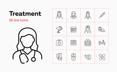 Treatment line icon set. Doctor, physician, surgeon, hospital. Medicine concept. Can be used for topics like medical help, diagnosis, screening