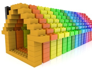 Obraz premium A row of abstract house outlines in different colors of toy bricks