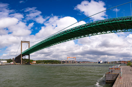 Wide Angle View of Alvsborgs Bridge Gothenburg in the district of Roda Sten - Big Suspended Bridge over River Gota Alv in Gothenburg Sweden.