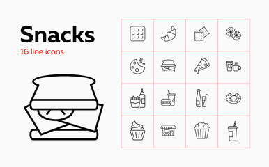 Snacks icons. Set of line icons. Pizza, sandwich, French fries. Fast food concept. Vector illustration can be used for topics like food, unhealthy eating, menu