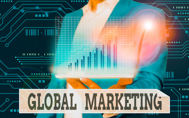 Conceptual hand writing showing Global Marketing. Concept meaning firm sells the same products to...