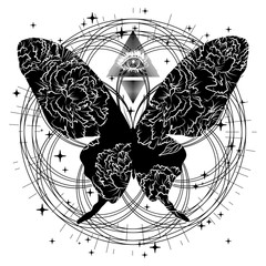 Mystical illustration with silhouette butterfly and a third eye. Can be used for topics in alchemy, esotericism, mysticism, occultism, meditation.
