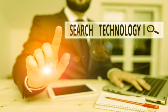 Word writing text Search Technology. Business photo showcasing service that allows Internet users to search for content Male human wear formal clothes present presentation use hi tech smartphone