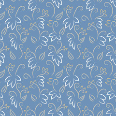 A minimal doodle plants seamless vevctor pattern in muted blue color. Beautiful calm surface print design. Great for fabrics, stationery and packaging.