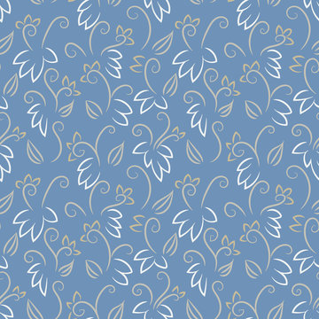 A minimal doodle plants seamless vevctor pattern in muted blue color. Beautiful calm surface print design. Great for fabrics, stationery and packaging.