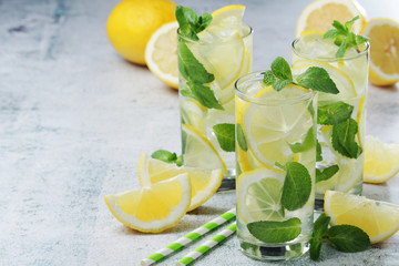 Lemon and mint refreshing cocktail with ice cubes	