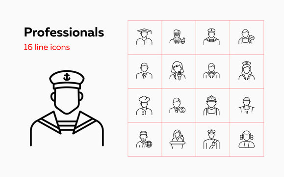 Professionals line icon set. Cook, financier, sailor, chemist. People concept. Can be used for topics like job, occupation, labor