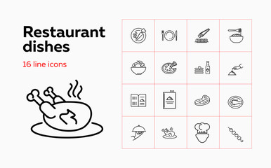 Restaurant dishes icons. Set of line icons. Yummy, cuisine, menu. Food service concept. Vector illustration can be used for topics like cooking, food, restaurant